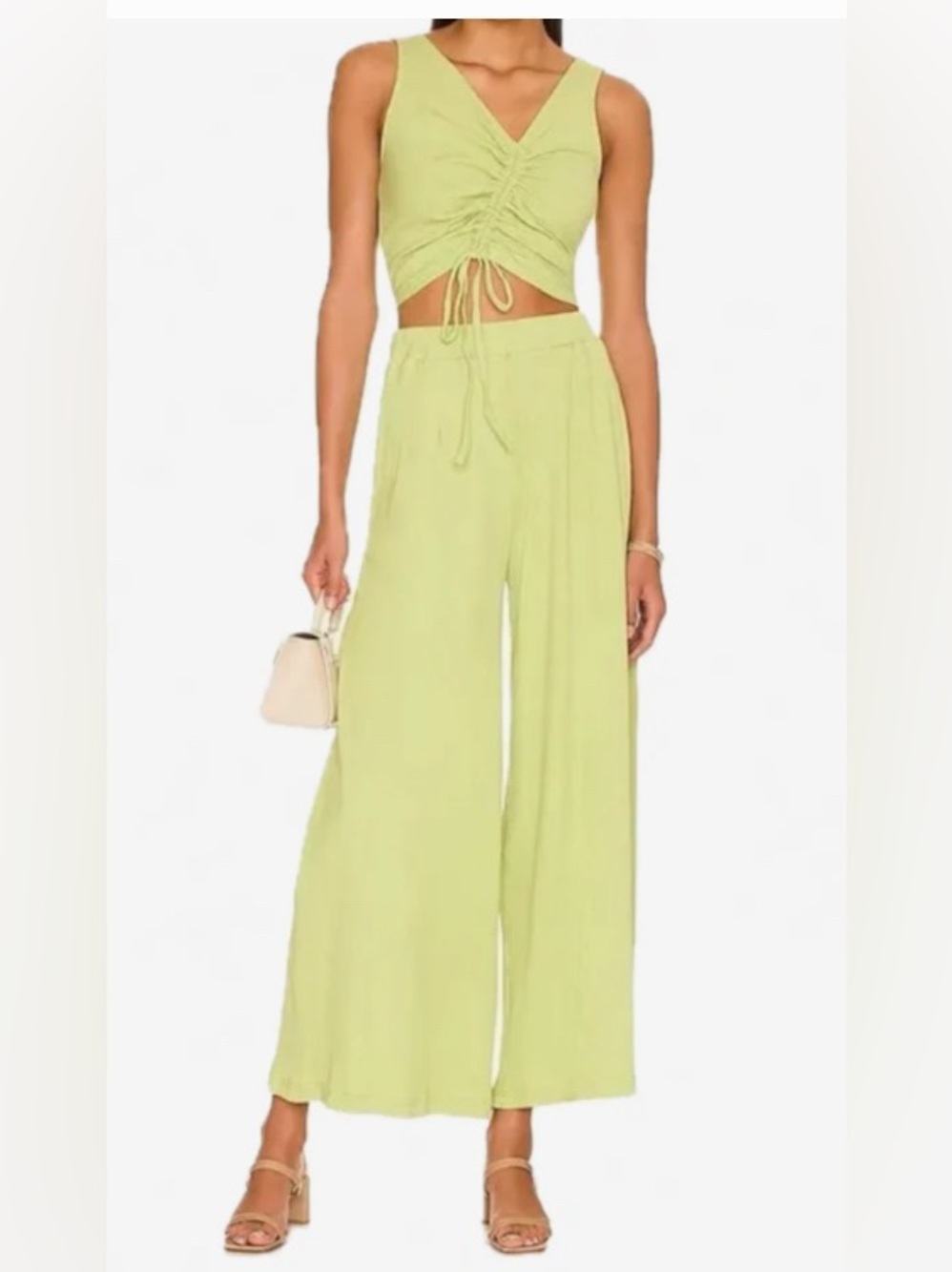 2 Piece Set: Callahan Basil Green Ribbed Cropped Sleeveless Top & Pants: L